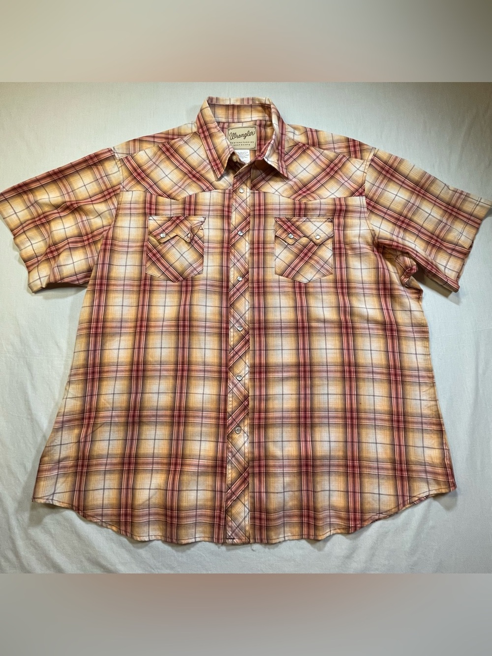 Wrangler Ranch Men's 2XL Western Shirt Plaid Short Sleeve Pearl Snap Rodeo EUC